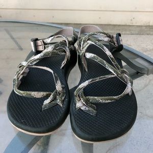 Green and cream Chacos!